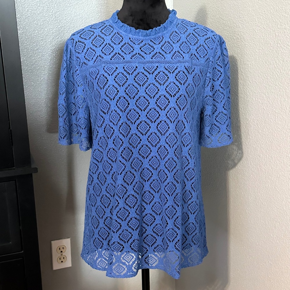 LOFT Blue Lace Blouse Large Romantic Cottagecore Short Sleeve Top Women